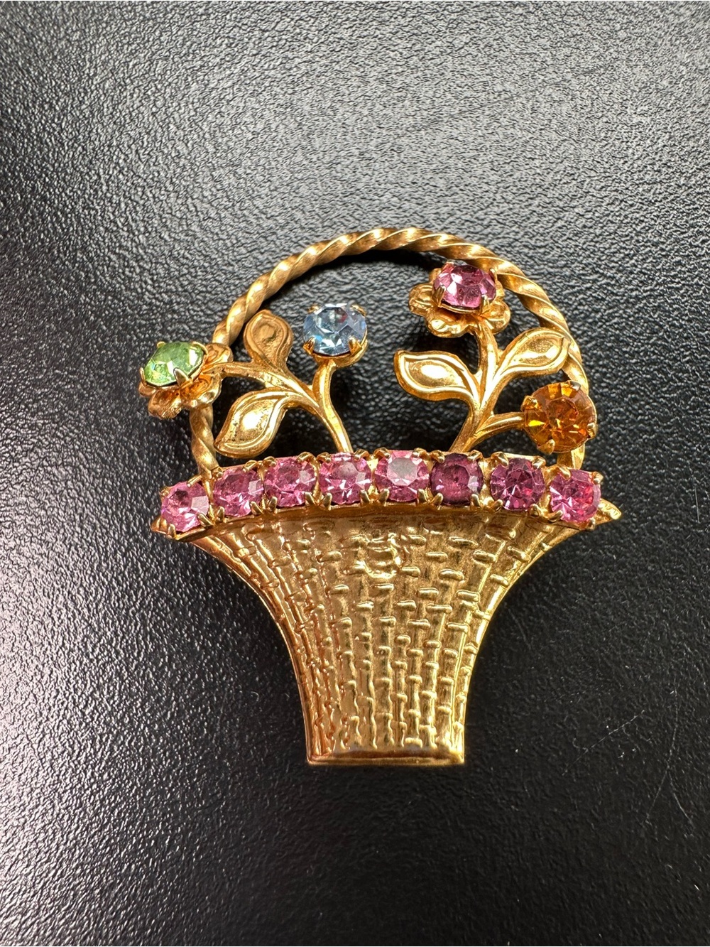 Vintage Multi Color Rhinestone Flower Basket Brooch